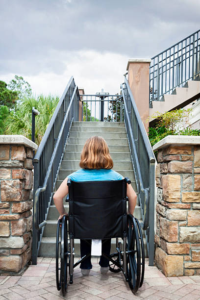 Disabled girl in wheelchair at the bottom of a staircase.